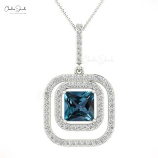 Dual Halo Wedding Pendant In 14k Solid Gold London Blue Topaz And Diamond Necklaces