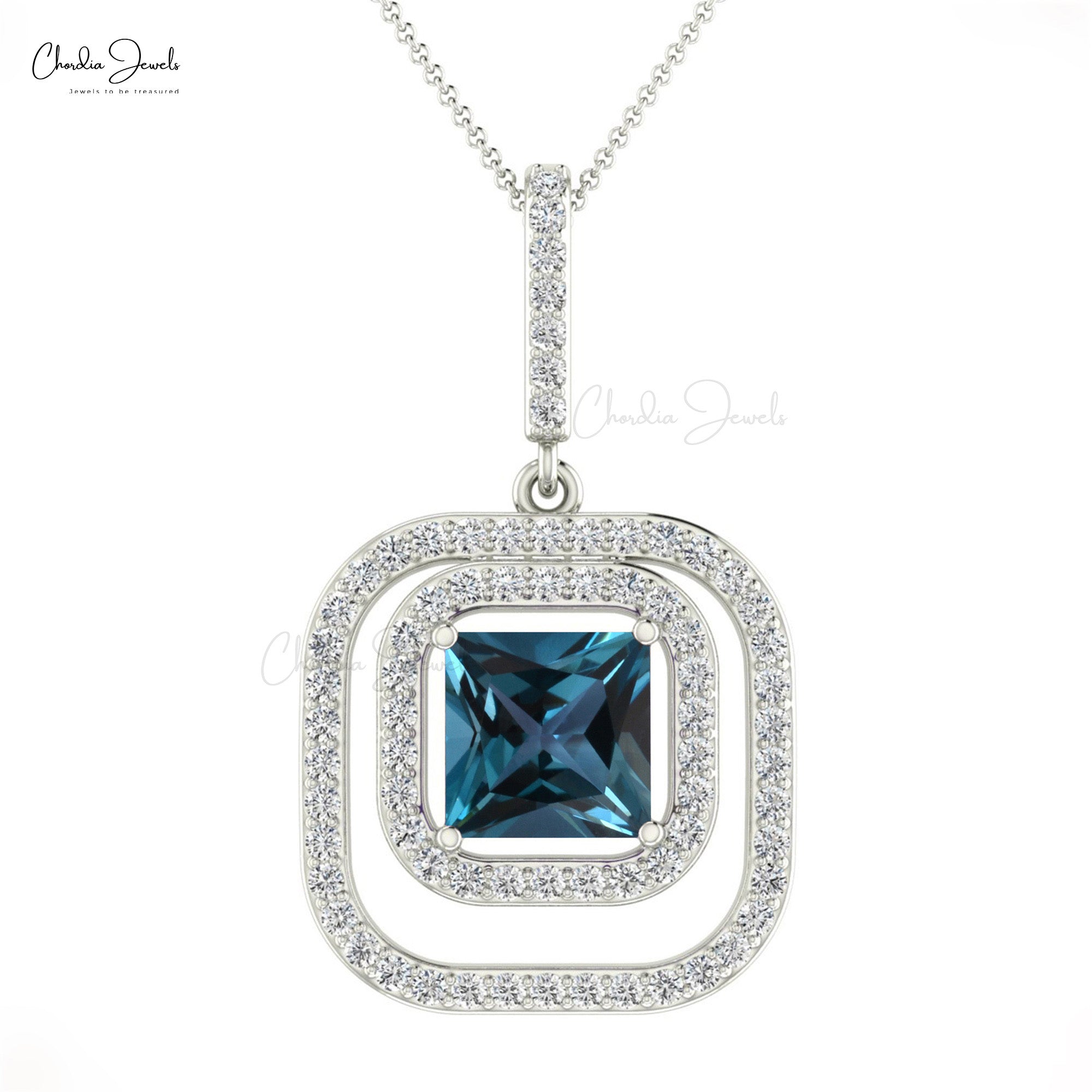 Dual Halo Wedding Pendant In 14k Solid Gold London Blue Topaz And Diamond Necklaces