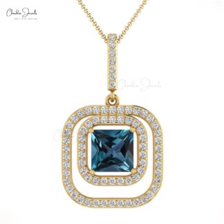 Dual Halo Wedding Pendant In 14k Solid Gold London Blue Topaz And Diamond Necklaces