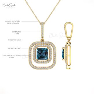 Dual Halo Wedding Pendant In 14k Solid Gold London Blue Topaz And Diamond Necklaces