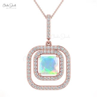 Solid 14k Gold Dangle Pendant In 0.71 Ct Fire Opal And Diamond Dual Halo Pendant For Mom
