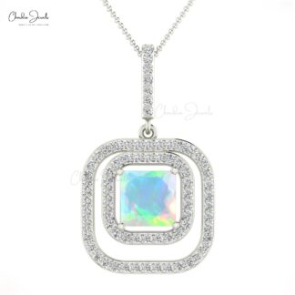 Solid 14k Gold Dangle Pendant In 0.71 Ct Fire Opal And Diamond Dual Halo Pendant For Mom