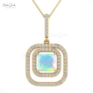 Solid 14k Gold Dangle Pendant In 0.71 Ct Fire Opal And Diamond Dual Halo Pendant For Mom