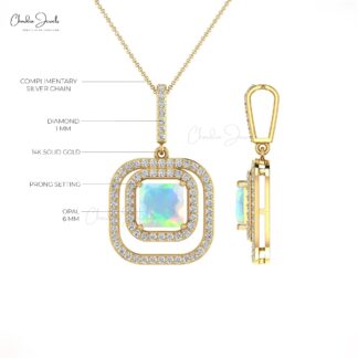 Solid 14k Gold Dangle Pendant In 0.71 Ct Fire Opal And Diamond Dual Halo Pendant For Mom