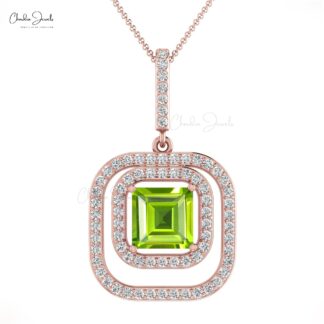 Double Halo Diamond Pendant With 6mm Square Peridot Gemstone 14k Pure Gold Women Necklace