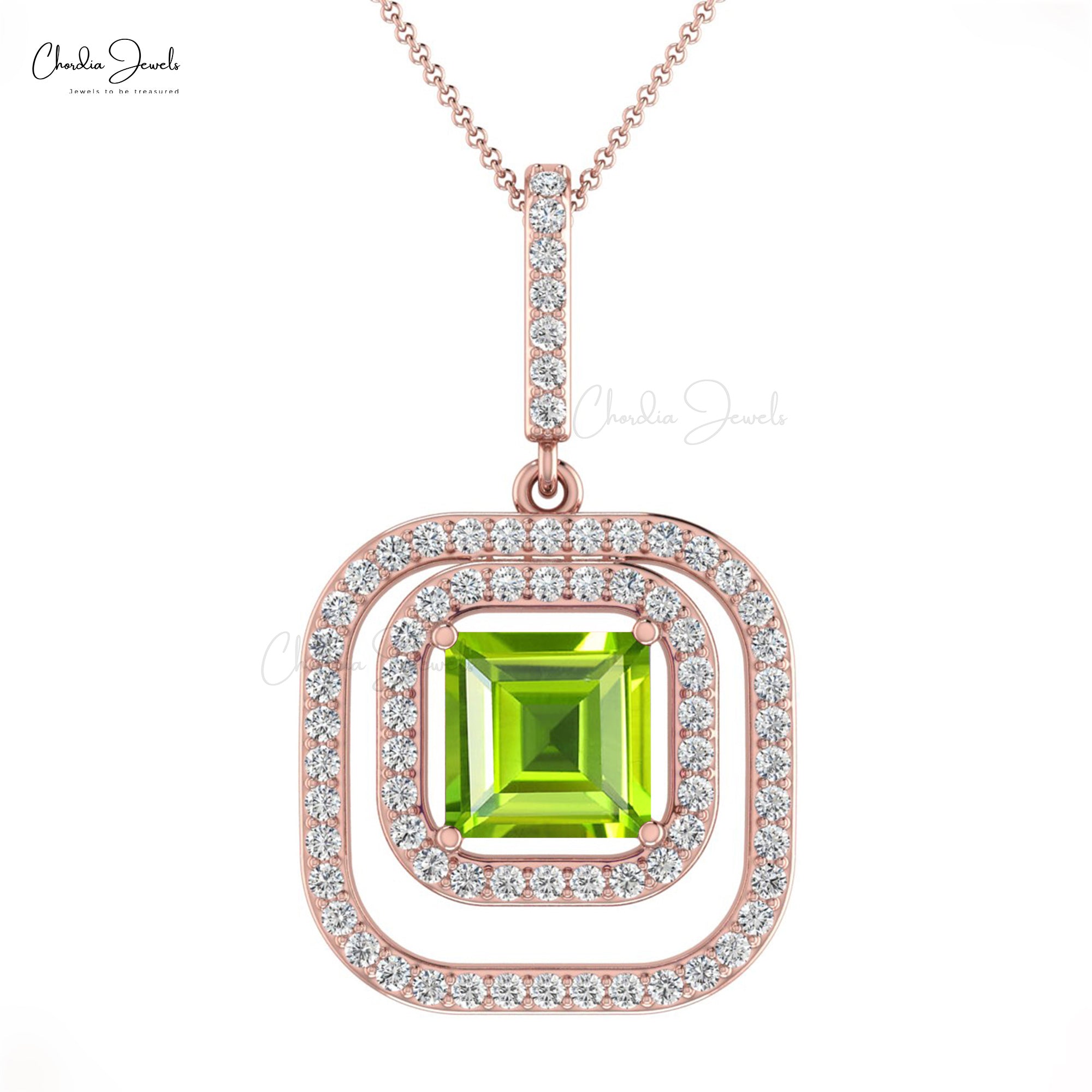 Double Halo Diamond Pendant With 6mm Square Peridot Gemstone 14k Pure Gold Women Necklace