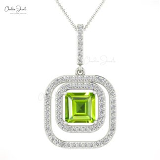 Double Halo Diamond Pendant With 6mm Square Peridot Gemstone 14k Pure Gold Women Necklace