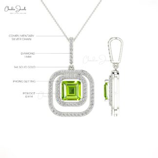 Double Halo Diamond Pendant With 6mm Square Peridot Gemstone 14k Pure Gold Women Necklace