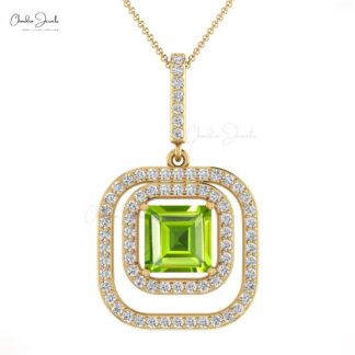 Double Halo Diamond Pendant With 6mm Square Peridot Gemstone 14k Pure Gold Women Necklace