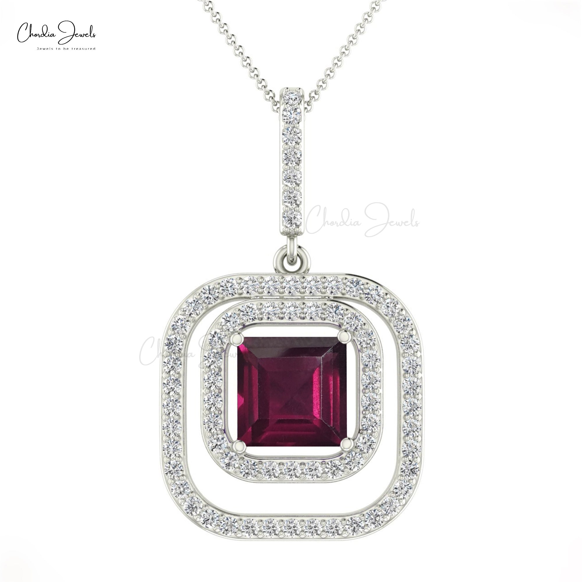 Natural Rhodolite Garnet Dual Halo Pendant In 14k Pure Gold Diamond Hallmarked Jewelry