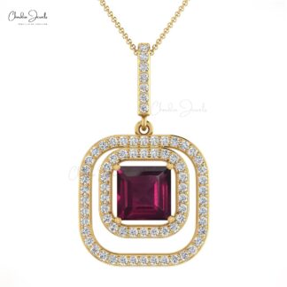 Natural Rhodolite Garnet Dual Halo Pendant In 14k Pure Gold Diamond Hallmarked Jewelry