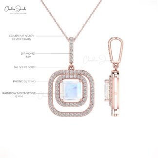 Dual Birthstone Pendant With 6mm Moonstone And Diamond Halo Pendant In 14k Real Gold