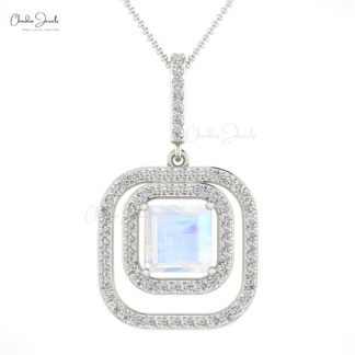 Dual Birthstone Pendant With 6mm Moonstone And Diamond Halo Pendant In 14k Real Gold