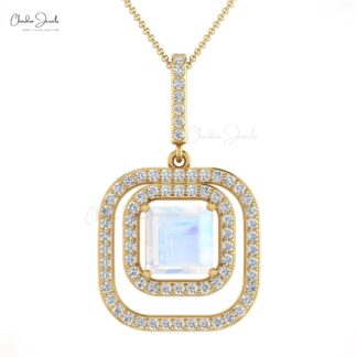 Dual Birthstone Pendant With 6mm Moonstone And Diamond Halo Pendant In 14k Real Gold