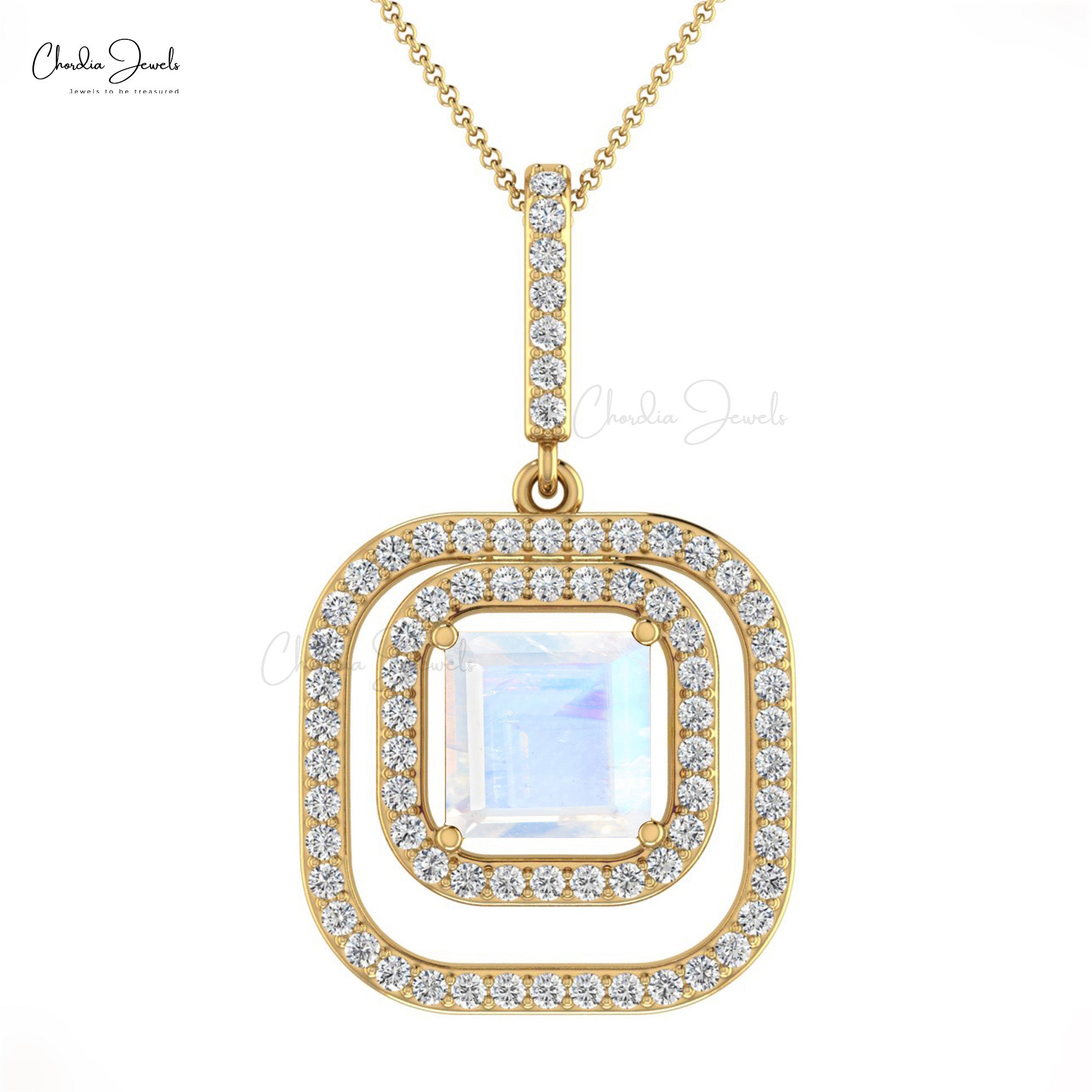 Dual Birthstone Pendant With 6mm Moonstone And Diamond Halo Pendant In 14k Real Gold