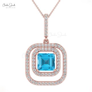 Solid 14k Gold Double Halo Pendant With Swiss Blue Topaz & Diamond
