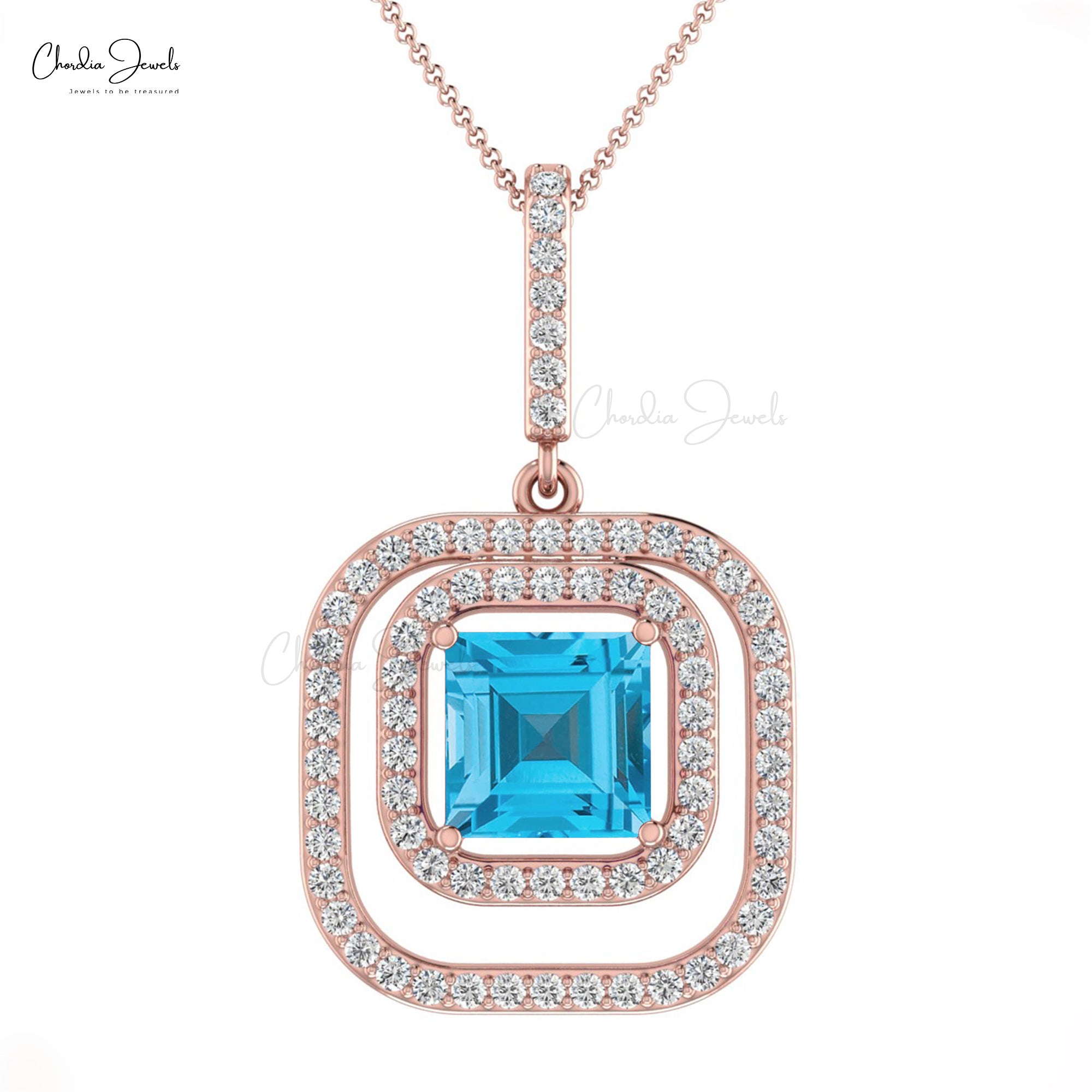 Solid 14k Gold Double Halo Pendant With Swiss Blue Topaz & Diamond