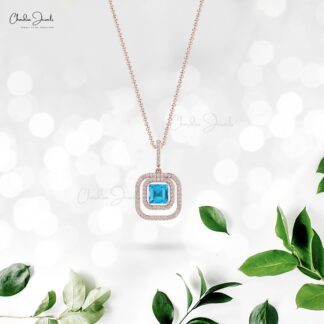 Solid 14k Gold Double Halo Pendant With Swiss Blue Topaz & Diamond