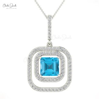 Solid 14k Gold Double Halo Pendant With Swiss Blue Topaz & Diamond