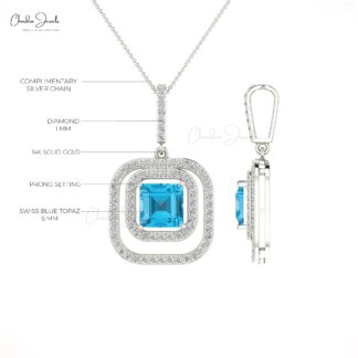 Solid 14k Gold Double Halo Pendant With Swiss Blue Topaz & Diamond