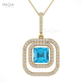 Solid 14k Gold Double Halo Pendant With Swiss Blue Topaz & Diamond