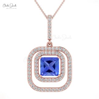 Double Halo Women Pendant In 14k Real Gold 1.20 Ct Tanzanite And Dainty Diamond Necklace