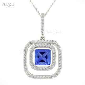 Double Halo Women Pendant In 14k Real Gold 1.20 Ct Tanzanite And Dainty Diamond Necklace