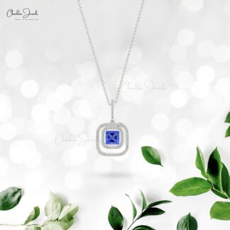 Double Halo Women Pendant In 14k Real Gold 1.20 Ct Tanzanite And Dainty Diamond Necklace