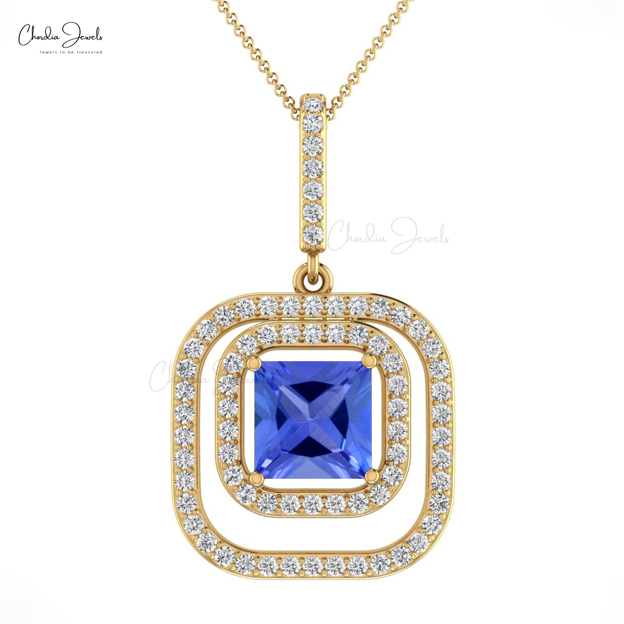 Double Halo Women Pendant In 14k Real Gold 1.20 Ct Tanzanite And Dainty Diamond Necklace