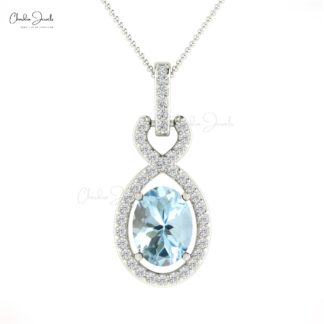 Diamond Infinity Bail Pendant In 14k Solid Gold Aquamarine 7x5mm Oval Cut Halo Pendants