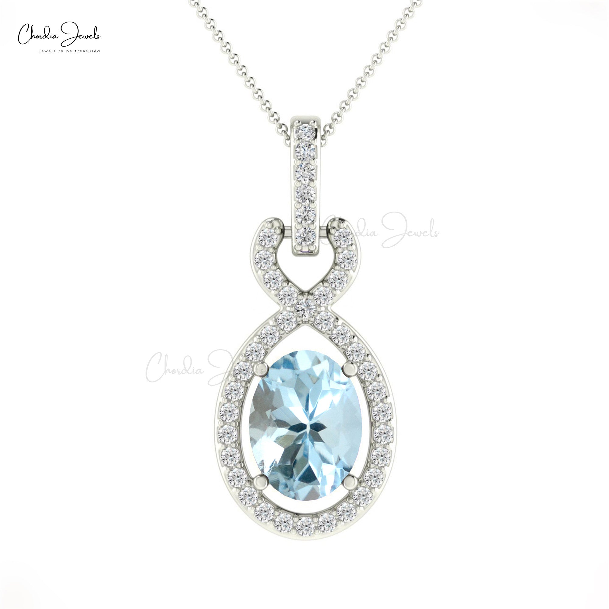 Diamond Infinity Bail Pendant In 14k Solid Gold Aquamarine 7x5mm Oval Cut Halo Pendants