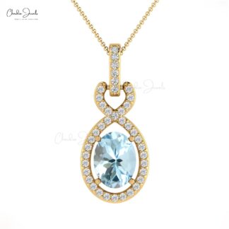 Diamond Infinity Bail Pendant In 14k Solid Gold Aquamarine 7x5mm Oval Cut Halo Pendants