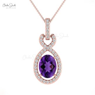 Infinity Wedding Pendant In 14k Solid Gold Amethyst 7x5mm Gemstone Diamond Halo Pendants