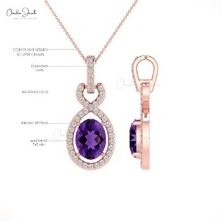 Infinity Wedding Pendant In 14k Solid Gold Amethyst 7x5mm Gemstone Diamond Halo Pendants