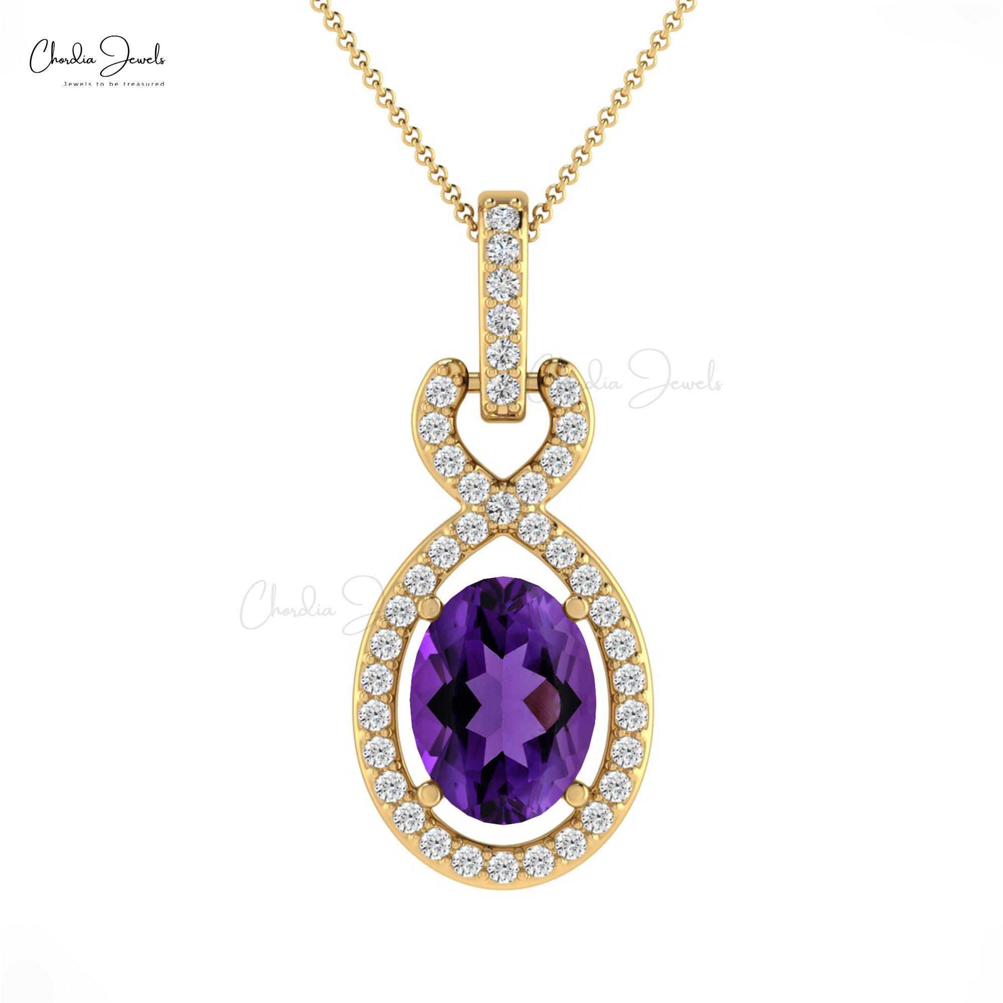 Infinity Wedding Pendant In 14k Solid Gold Amethyst 7x5mm Gemstone Diamond Halo Pendants