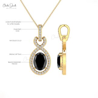 Solid 14k Gold G-H Diamond Halo Bail With Natural 0.71CT Oval Black Diamond Pendant