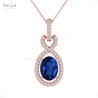 Diamond Halo Bail With 0.71Ct Oval Blue Sapphire 14k Solid Gold Pendant For Her