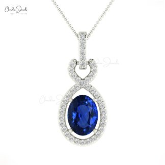 Diamond Halo Bail With 0.71Ct Oval Blue Sapphire 14k Solid Gold Pendant For Her