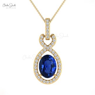 Diamond Halo Bail With 0.71Ct Oval Blue Sapphire 14k Solid Gold Pendant For Her
