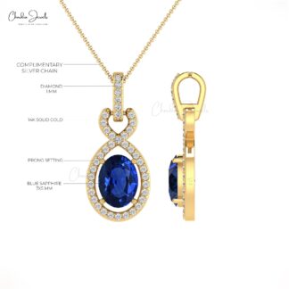 Diamond Halo Bail With 0.71Ct Oval Blue Sapphire 14k Solid Gold Pendant For Her