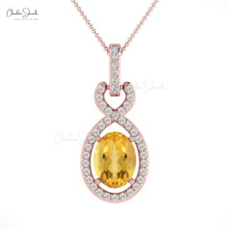 Solid 14k Gold Halo Bail Pendant With 7x5mm Citrine Gemstone And Diamond Infinity Pendant