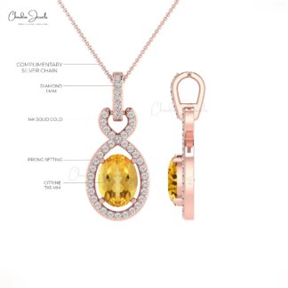Solid 14k Gold Halo Bail Pendant With 7x5mm Citrine Gemstone And Diamond Infinity Pendant