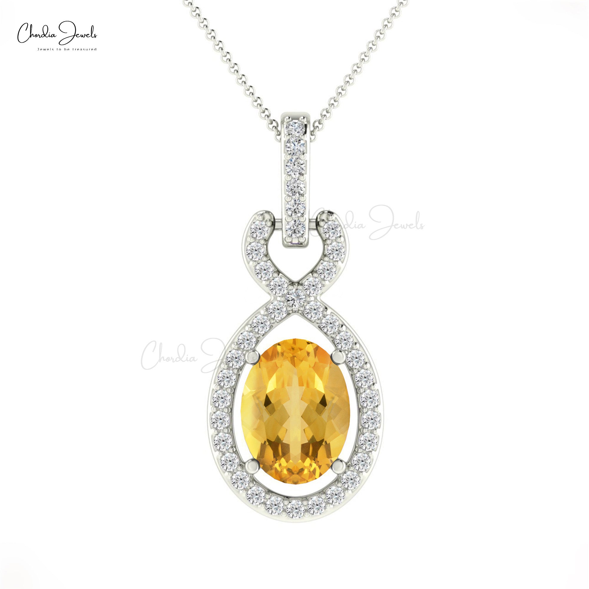 Solid 14k Gold Halo Bail Pendant With 7x5mm Citrine Gemstone And Diamond Infinity Pendant