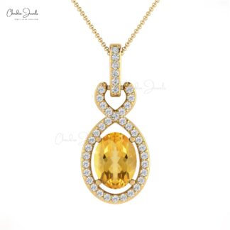 Solid 14k Gold Halo Bail Pendant With 7x5mm Citrine Gemstone And Diamond Infinity Pendant