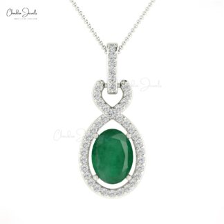 Halo Pendant With 14k Solid Gold Bail Genuine Emerald & Diamond Twisted Pendant For Wife
