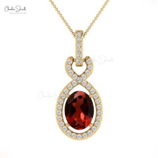 Pure 14k Gold Halo Pendant With 0.72 Ct Red Garnet And Diamond Bail Pendant For Bridal