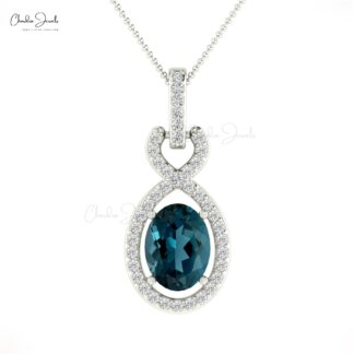 Solid 14k Gold Halo Bail Pendant With 7x5mm London Blue Topaz Diamond Infinity Pendants