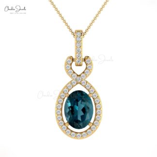 Solid 14k Gold Halo Bail Pendant With 7x5mm London Blue Topaz Diamond Infinity Pendants