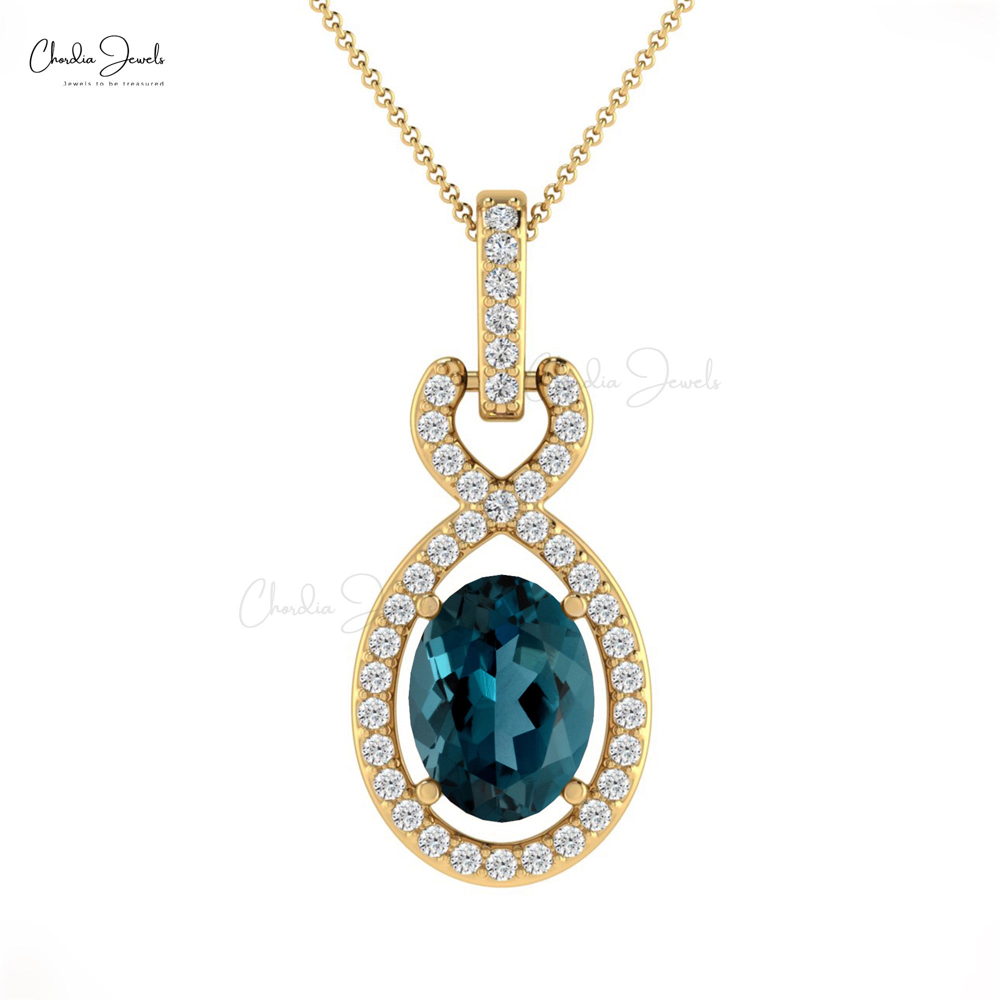 Solid 14k Gold Halo Bail Pendant With 7x5mm London Blue Topaz Diamond Infinity Pendants