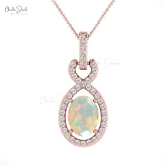 Diamond Halo Infinity Pendant With Fire Opal October Birthstone 14k Real Gold Necklace